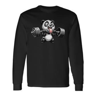 面白いパンダ ウエイトリフティング ジム ボディービル 熊 ワーク 長袖Tシャツ - Kawaiitshirt