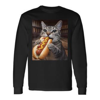 面白い猫を食べるホットドッグtシャツ リアルなタビーキャットフード ユーモア 長袖Tシャツ - Kawaiitshirt