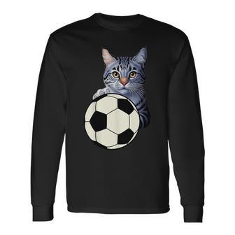 面白い猫サッカーボールグラフィック子猫のスポーツ愛好家のコスチューム 長袖Tシャツ - Kawaiitshirt