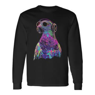 鳩 鳥モチーフ 動物 アート 音楽 ヘッドホン 鳩 長袖Tシャツ - Kawaiitshirt