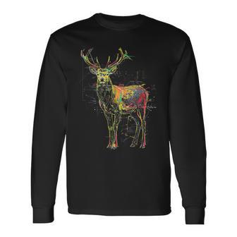 鹿 アートワーク 幾何学的 抽象 動物 グラフィック アート 鹿 長袖Tシャツ - Kawaiitshirt