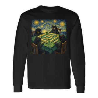 麻雀ファンゴッホスタイルで遊ぶ猫 麻雀カジノプレーヤー 長袖Tシャツ - Kawaiitshirt