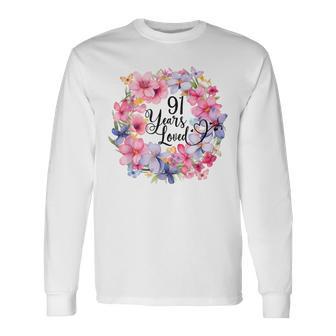 91 Years Loved 91歳の誕生日 フローラルリース ナインティワン 長袖Tシャツ - Kawaiitshirt