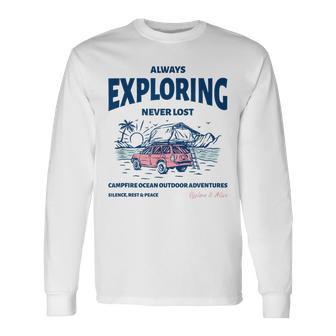 Always Exploring Campfire Ocean Outdoor ビーチライフグラフィック 長袖Tシャツ - Kawaiitshirt