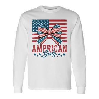 American Girly Coquette Bow 4Th Of July Independence Day Long Sleeve T-Shirt - Thegiftio UK