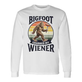 Bigfoot Grabbed My Wiener Sasquatch Retro Camping Long Sleeve T-Shirt - Thegiftio UK