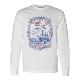 Blue Toile Spilling The Tea Since 1773 Party History Pun Long Sleeve T-Shirt | Seseable UK