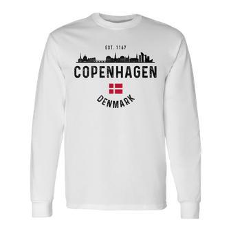 Copenhagen Denmark Skyline Souvenir Danish Flag Vintage Long Sleeve T-Shirt - Thegiftio UK