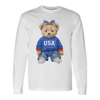 Cute Patriotic Bear Usa 4Th Of July American Coquette Bow Long Sleeve T-Shirt - Thegiftio UK
