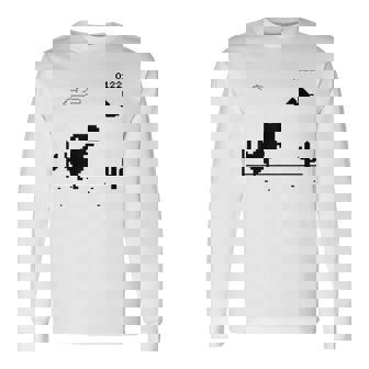 Dino T-Rex 恐竜 ピクセルゲーム インターネットなし オフライン 面白い 男性 長袖Tシャツ - Kawaiitshirt