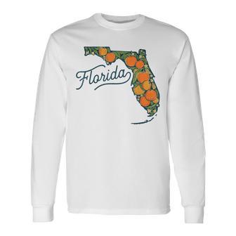 Florida Sunshine State Map Orange Citrus Fruit Retro Vintage Long Sleeve T-Shirt - Thegiftio UK