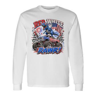 Red White Rawr Usa Flag Dinosaur Kids Summer Holiday Long Sleeve T-Shirt - Monsterry