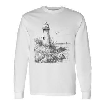 Lighthouse Vintage Light Tower Seaside Nautical House Sketch Long Sleeve T-Shirt - Thegiftio