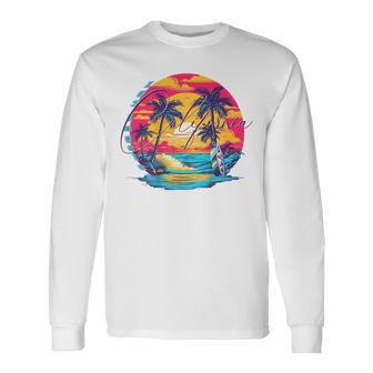 Los Angeles California、サーフィンサーフボードレトロ 長袖Tシャツ - Kawaiitshirt