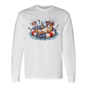 Patriotic English Bulldog Beer Floatie Usa Flag 4Th Of July Long Sleeve T-Shirt - Thegiftio UK