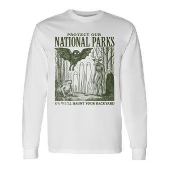Protect Our National Parks Mothman Cryptid Weirdcore Horror Long Sleeve T-Shirt - Thegiftio UK
