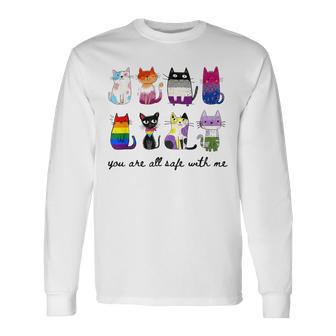 You Are All Safe With Me Cute Cat Pride Month Lgbt Support Long Sleeve T-Shirt - Monsterry