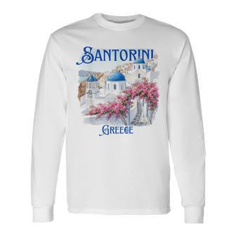 Santorini Greece Blue Domes Pink Flowers Souvenir Long Sleeve T-Shirt | Mazezy