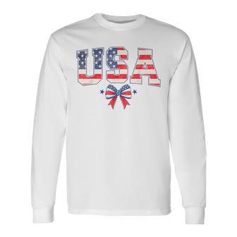 Usa 4Th Of July Coquette Bow American Flag Patriotic Long Sleeve T-Shirt - Thegiftio UK
