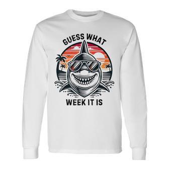 Vintage Shark 2025 Week Guess What Week It Is Shark Lover Long Sleeve T-Shirt - Thegiftio UK
