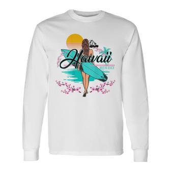 Waiehu Beach Hawaii、サーフィンサーフボードレトロ 長袖Tシャツ - Kawaiitshirt