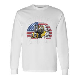 Warehouse アメリカ国旗 フォークリフトオペレーターフォークリフト認定 長袖Tシャツ - Kawaiitshirt