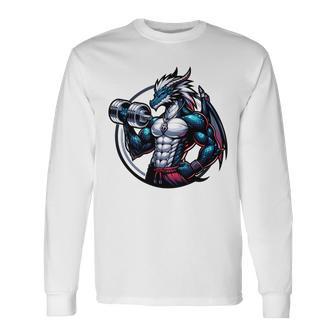 キュートでかわいいグラフィックのドラゴンが筋肉質のシックスパックを表示 長袖tシャツ 長袖Tシャツ - Kawaiitshirt