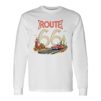 クラシック レトロ ルート66 砂漠の情景 赤 ヴィンテージ 車 長袖Tシャツ - Kawaiitshirt