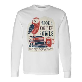 バックプリントの本、コーヒー、フクロウのおかしな幸せ 長袖Tシャツ - Kawaiitshirt