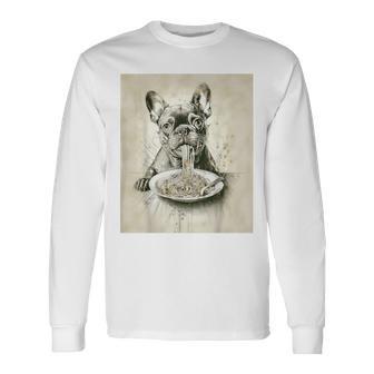 フレンチブルドッグ スパゲッティ モノクロ アート ブラック ホワイト ドッグ 長袖Tシャツ - Kawaiitshirt