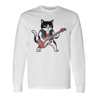 ベースギターを弾く 面白い ロック猫 バンド ミュージシャン ベーシスト 動物 長袖Tシャツ - Kawaiitshirt