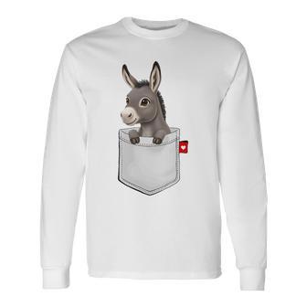 ポケットの中のロバのぞくかわいい動物のロバ 長袖Tシャツ - Kawaiitshirt