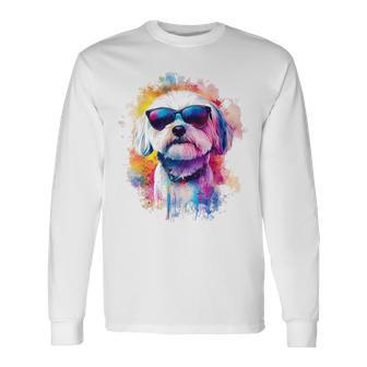 マルチーズ 犬 グラフィック ペット アートワーク サングラス マルチーズ 長袖Tシャツ - Kawaiitshirt