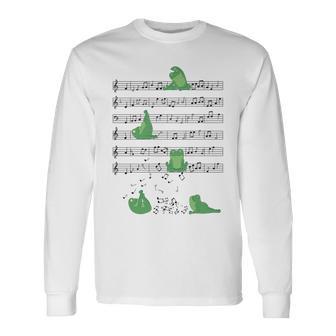 ヨガをしているかわいいカエル 音符 音記号 ミュージシャンアート 長袖tシャツ 長袖Tシャツ - Kawaiitshirt