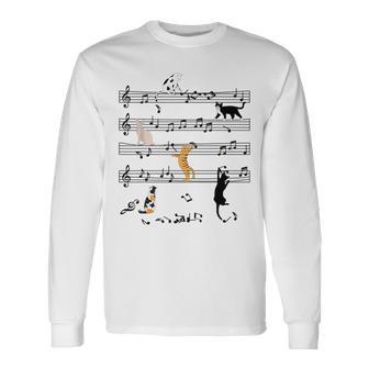 楽しい 猫 登る トランプ 楽譜 猫の音符 長袖Tシャツ - Kawaiitshirt