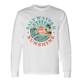 海水と日光 レトロ ビーチ 波 夕日 ヤシの木 長袖Tシャツ - Kawaiitshirt