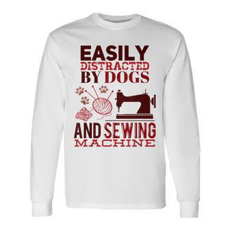 犬やミシンに気を取られやすい おもしろ裁縫 長袖Tシャツ - Kawaiitshirt