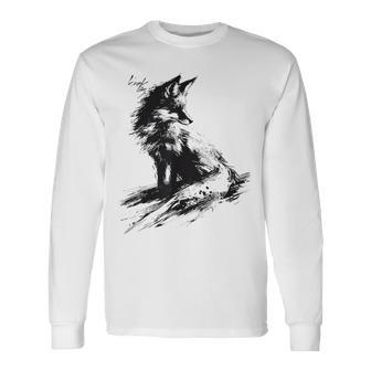 狐 アニマル柄 モチーフ 抽象 イラスト 絵画 狐 長袖Tシャツ - Kawaiitshirt