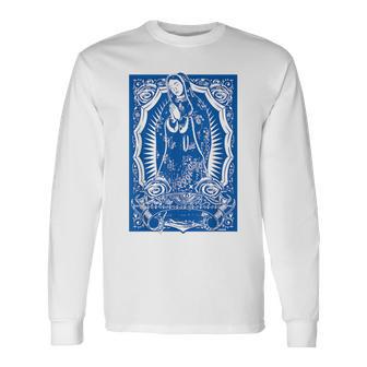聖母マリア メキシカンブランケット アート ブルー バンダナ プリント ロイヤル 長袖Tシャツ - Kawaiitshirt