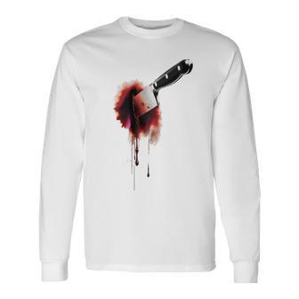 血まみれのナイフ シャツ ハロウィン ホラー 血しぶき 長袖Tシャツ - Kawaiitshirt