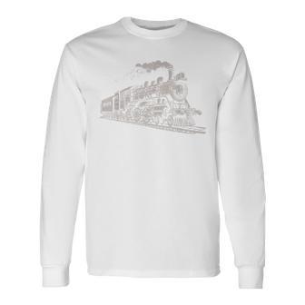 電車 ヴィンテージ グラフィック デザイン スケッチ レトロ 蒸気機関車 長袖Tシャツ - Kawaiitshirt