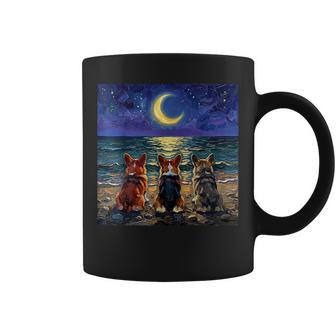 3 コーギーの夜のビーチかわいい犬と三日月のアートワーク コーヒーマグ - Kawaiitshirt