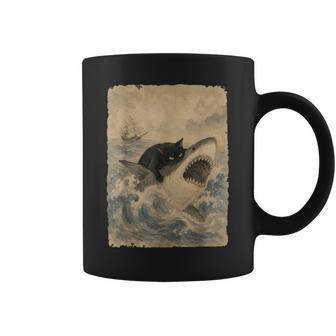 Black Cat Biting Shark Anime Graphic Cool Japanese Coffee Mug | Seseable UK