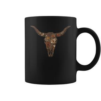 Brushstroke Floral Western Cow Skull Cowhide Rodeo Coffee Mug - Thegiftio