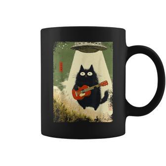 Chat Noir Jouant De La Guitare Extraterrestre Enlevé Ovni Drôle Japonais Tasse - Cadeauxyz