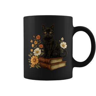 Cute Black Cat Book Flowers Coffee Mug - Monsterry