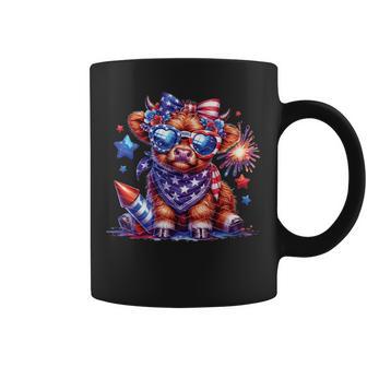 Cute Highland Cow Florals 4Th Of July Usa Flag Patriotic Cow Coffee Mug - Thegiftio UK