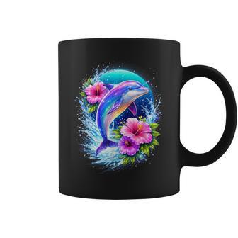 Dolphin Jumping In Ocean Flowers Tropical Sea Life Animal Coffee Mug - Thegiftio