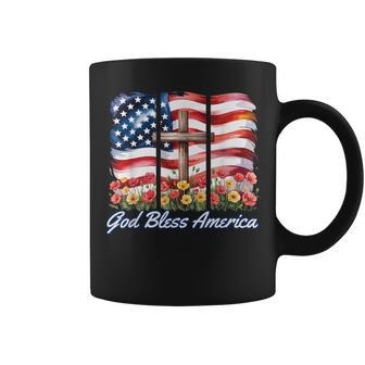 God Bless America Flag Cross Flowers Patriotic 4Th Of July Coffee Mug - Thegiftio UK