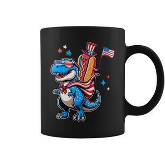 Patriotic Hotdog Riding Dino T-Rex 4Th Of July American Flag Coffee Mug - Thegiftio UK